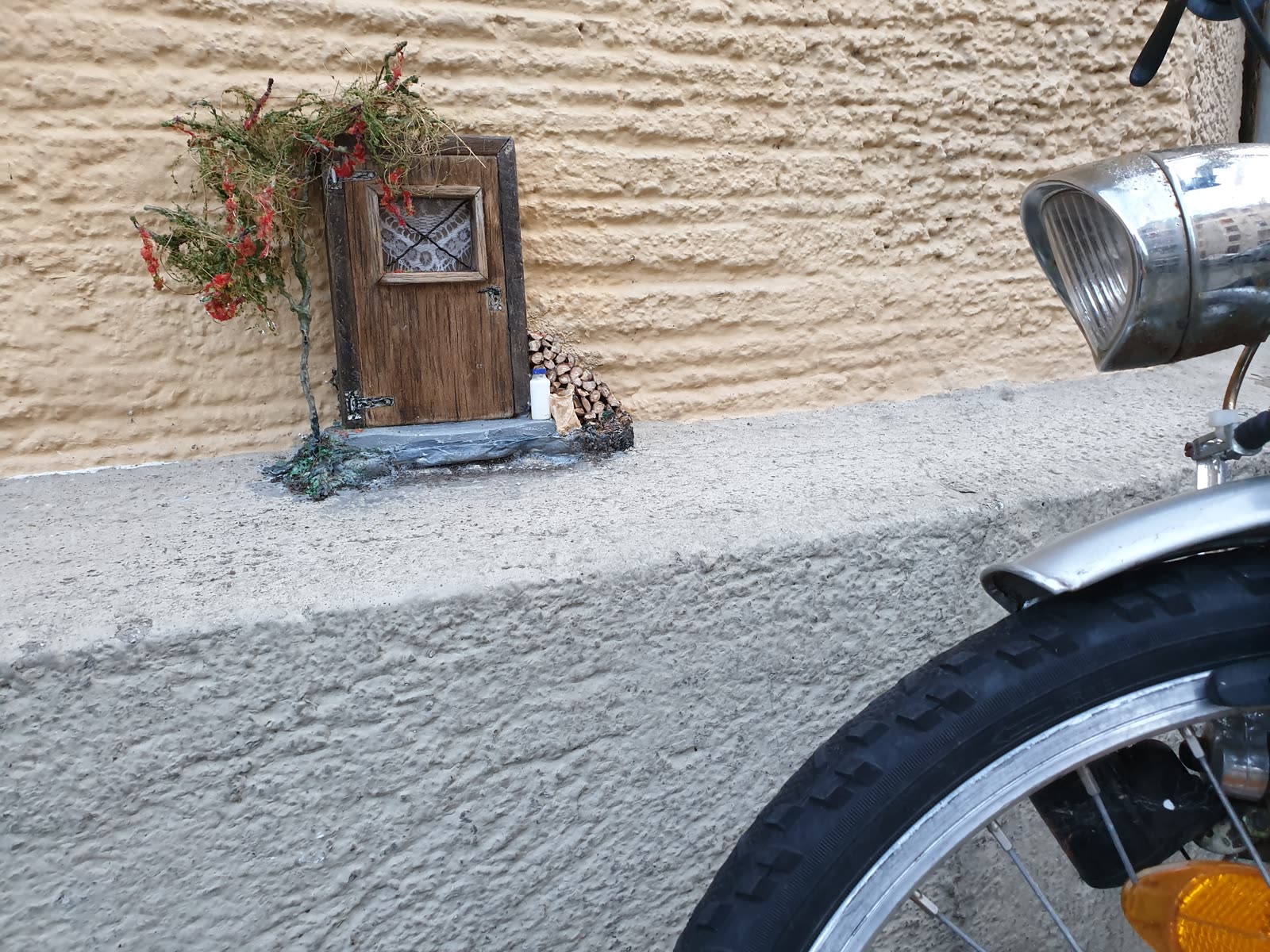 Miniatur-Tür an einer Hauswand, daneben ein Fahrrad als Größenvergleich